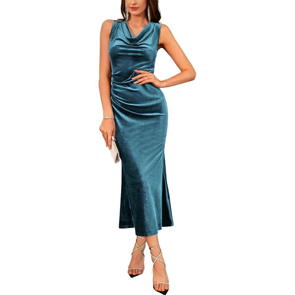 Women Gray Blue Flattering Cowl Neck Sleeveless Velvet Cocktail Mermaid Gown